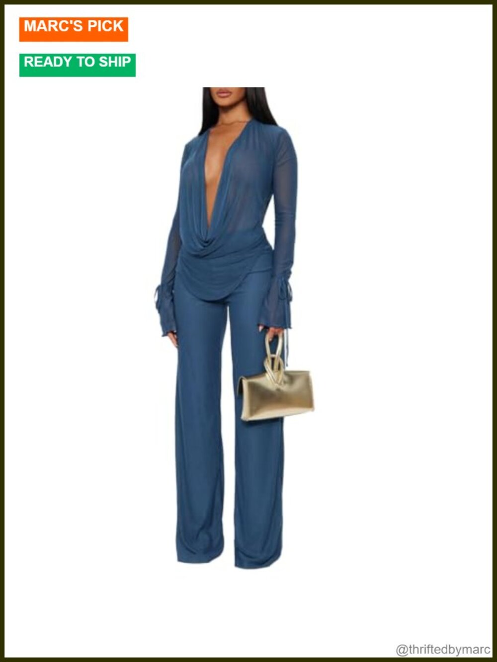 Sexy 2 Piece Set Mesh Cowl Neck Long Sleeve Top Wide Leg Pant Club Outfit